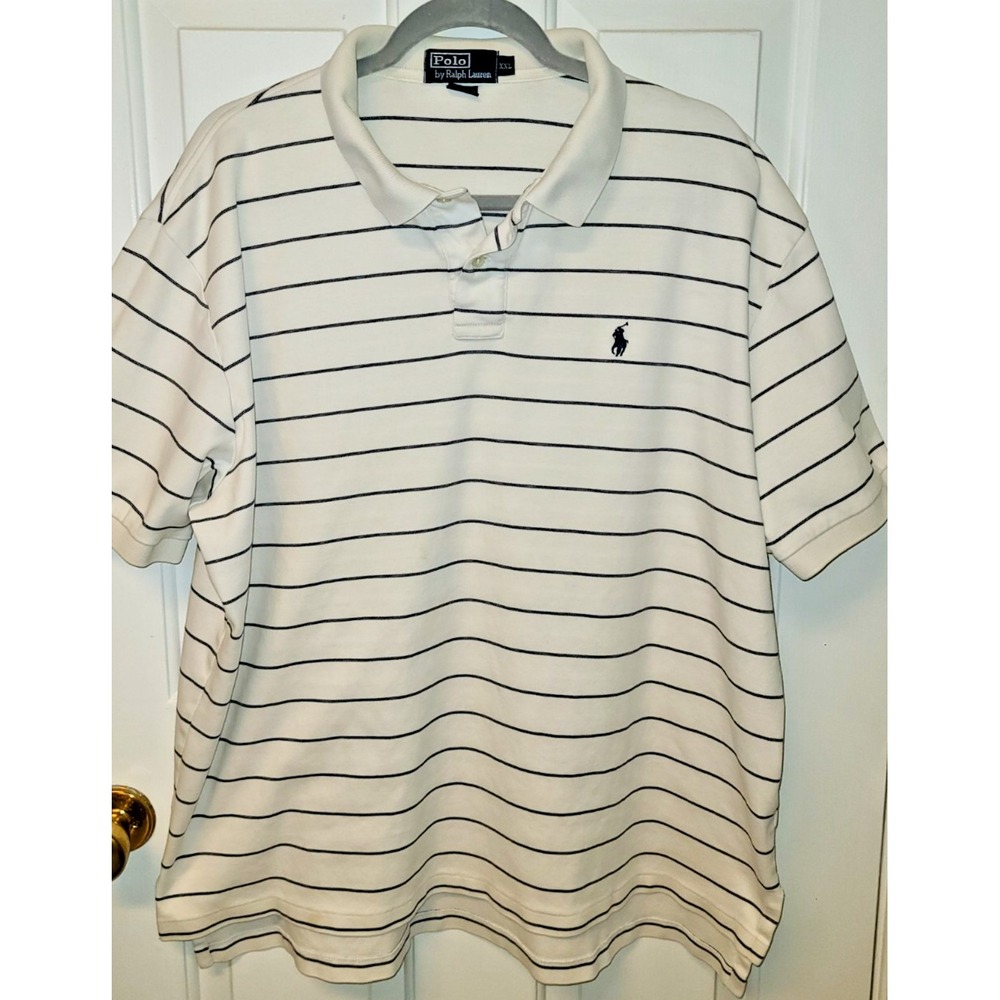 Polo Ralph‎ Lauren Mens Polo Golf Shirt 2XL White Navy Striped Logo Short Sleeve